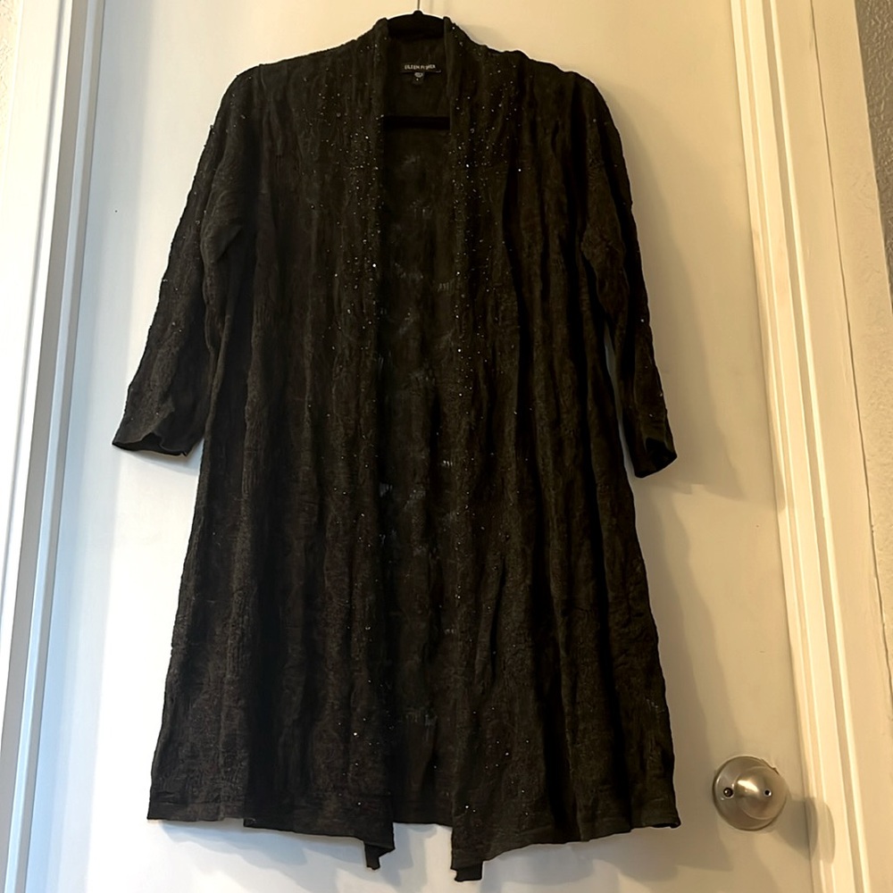 Eileen Fisher Merino Wool Black Beaded Cardigan